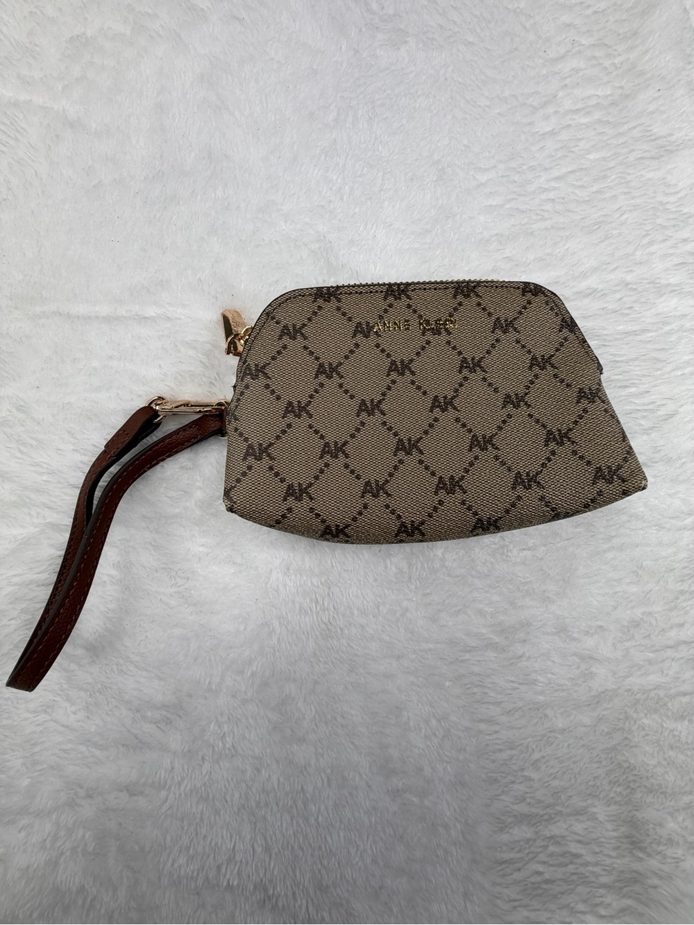 Anne Klein Tan Logo Wristlet Clutch with Brown Strap